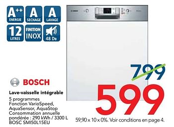Promotions Bosch lave-vaisselle intégrable bosc smi50l15eu - Bosch - Valide de 01/09/2016 à 30/09/2016 chez Kitchenmarket