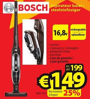 Promotions Bosch aspirateur balai - steelstofzuiger bbh21622 - Bosch - Valide de 26/09/2016 à 31/10/2016 chez ElectroStock