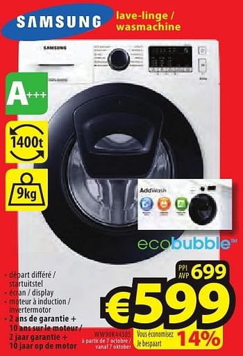 Promotions Samsung lave-linge - wasmachine ww90k44305 - Samsung - Valide de 26/09/2016 à 31/10/2016 chez ElectroStock