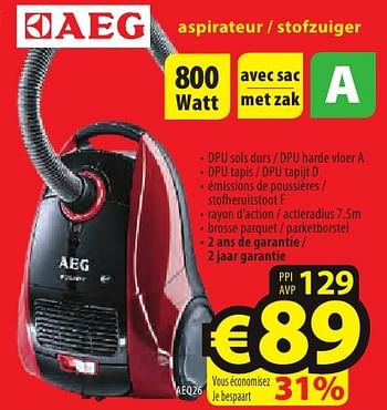 Promotions Aeg aspirateur - stofzuiger aeq26 - AEG - Valide de 26/09/2016 à 31/10/2016 chez ElectroStock