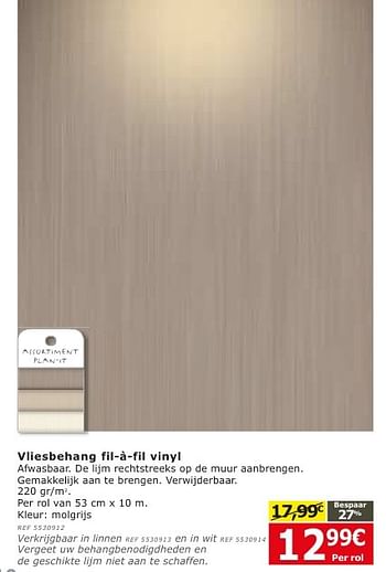 Promoties Vliesbehang fil-à-fil vinyl - Huismerk - BricoPlanit - Geldig van 28/09/2016 tot 24/10/2016 bij BricoPlanit