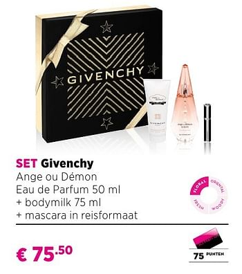 Promotions Set givenchy ange ou démon eau de parfum 50 ml + bodymilk 75 ml + mascara in reisformaat - Givenchy - Valide de 25/09/2016 à 23/10/2016 chez ICI PARIS XL