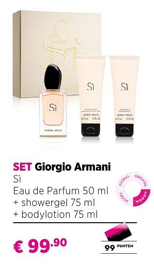 Promotions Set giorgio armani sì eau de parfum 50 ml + showergel 75 ml + bodylotion 75 ml - Giorgio Armani - Valide de 25/09/2016 à 23/10/2016 chez ICI PARIS XL