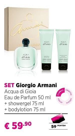 Promoties Set giorgio armani acqua di gìoia eau de parfum 50 ml + showergel 75 ml + bodylotion 75 ml - Giorgio Armani - Geldig van 25/09/2016 tot 23/10/2016 bij ICI PARIS XL