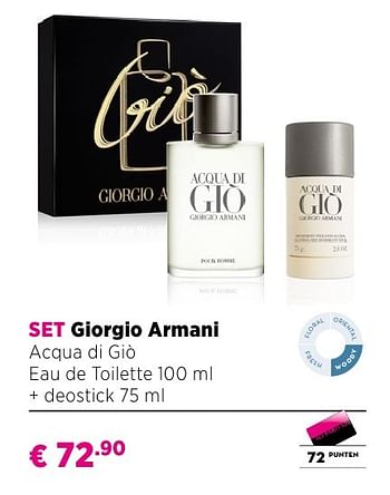 Promoties Set giorgio armani acqua di giò eau de toilette 100 ml + deostick 75 ml - Giorgio Armani - Geldig van 25/09/2016 tot 23/10/2016 bij ICI PARIS XL