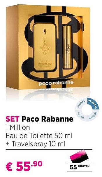Promoties Set paco rabanne 1 million eau de toilette 50 ml + travelspray 10 ml - Paco Rabanne - Geldig van 25/09/2016 tot 23/10/2016 bij ICI PARIS XL