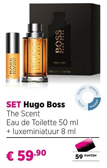 Promotions Set hugo boss the scent eau de toilette 50 ml + luxeminiatuur 8 ml - Hugo Boss - Valide de 25/09/2016 à 23/10/2016 chez ICI PARIS XL