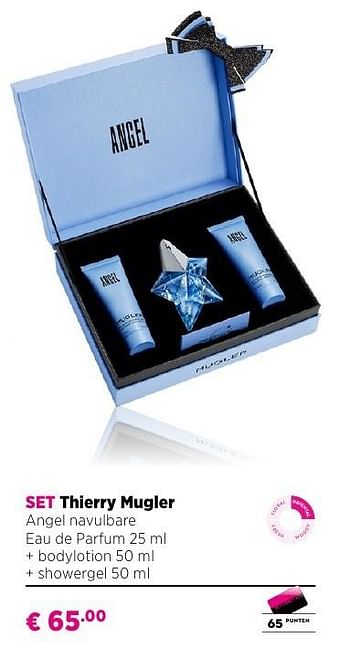 Promoties Set thierry mugler angel navulbare eau de parfum 25 ml + bodylotion 50 ml + showergel 50 ml - Thierry Mugler - Geldig van 25/09/2016 tot 23/10/2016 bij ICI PARIS XL