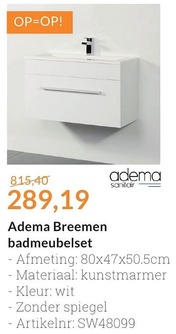 Promotions Adema breemen badmeubelset - Adema sanitair - Valide de 01/10/2016 à 31/10/2016 chez Magasin Salle de bains