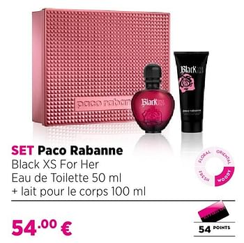 Promotions Set paco rabanne black xs for her eau de toilette 50 ml + lait pour le corps 100 ml - Paco Rabanne - Valide de 25/09/2016 à 23/10/2016 chez ICI PARIS XL