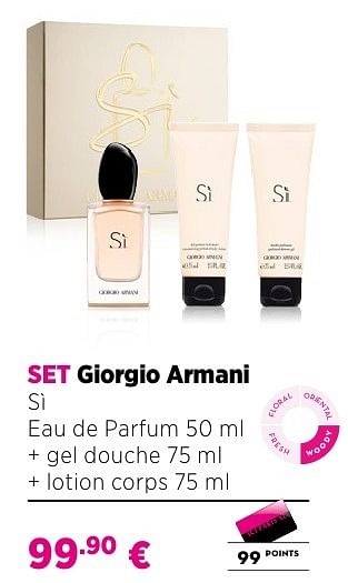 Promoties Set giorgio armani sì eau de parfum 50 ml + gel douche 75 ml + lotion corps 75 ml - Giorgio Armani - Geldig van 25/09/2016 tot 23/10/2016 bij ICI PARIS XL