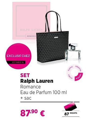 Promoties Set ralph lauren romance eau de parfum 100 ml + sac - Ralph Lauren - Geldig van 25/09/2016 tot 23/10/2016 bij ICI PARIS XL