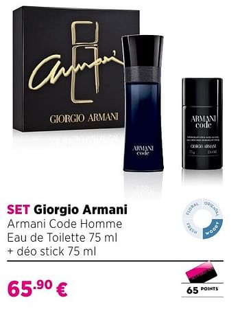 Promotions Set giorgio armani armani code homme eau de toilette 75 ml + déo stick 75 ml - Giorgio Armani - Valide de 25/09/2016 à 23/10/2016 chez ICI PARIS XL