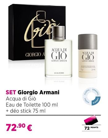 Promoties Set giorgio armani acqua di giò eau de toilette 100 ml + déo stick 75 ml - Giorgio Armani - Geldig van 25/09/2016 tot 23/10/2016 bij ICI PARIS XL