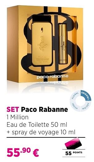 Promotions Set paco rabanne 1 million eau de toilette 50 ml + spray de voyage 10 ml - Paco Rabanne - Valide de 25/09/2016 à 23/10/2016 chez ICI PARIS XL
