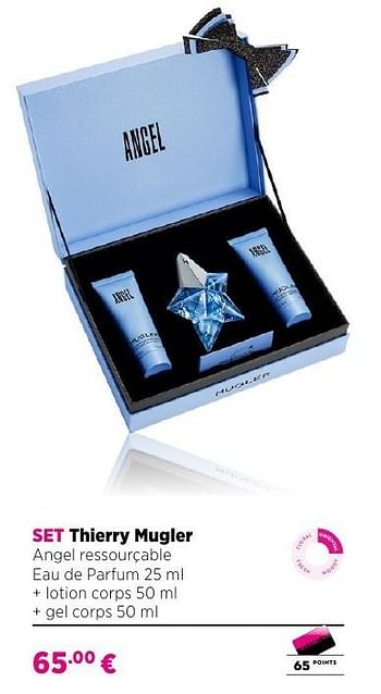Promoties Set thierry mugler angel ressourçable eau de parfum 25 ml + lotion corps 50 ml + gel corps 50 ml - Thierry Mugler - Geldig van 25/09/2016 tot 23/10/2016 bij ICI PARIS XL
