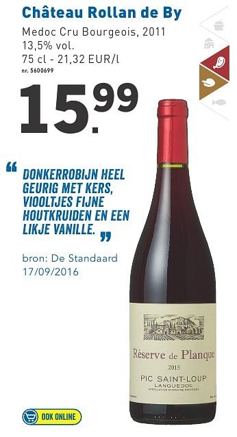 Promoties Château rollan de by - Rode wijnen - Geldig van 03/10/2016 tot 06/11/2016 bij Lidl