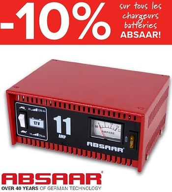 Promoties -10% sur tous les chargeurs batteries absaar! - Absaar - Geldig van 01/10/2016 tot 23/10/2016 bij Euro Shop
