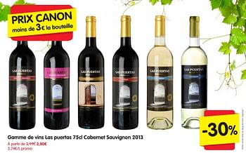 Promotions Gamme de vins las puertas cabernet sauvignon 2013 - Vins rouges - Valide de 29/09/2016 à 05/10/2016 chez Red Market
