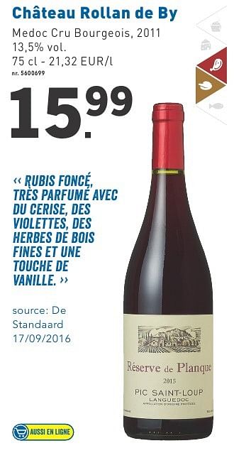 Promotions Château rollan de by - Vins rouges - Valide de 03/10/2016 à 06/11/2016 chez Lidl