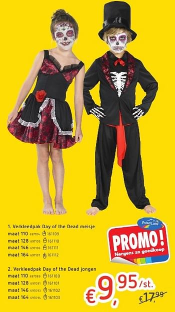 Promoties Verkleedpak day of the dead meisje maat 110 - Huismerk - Dreamland - Geldig van 06/10/2016 tot 31/10/2016 bij Dreamland