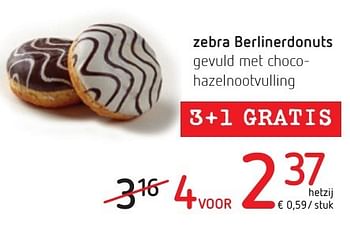 Promotions Zebra berlinerdonuts gevuld met chocohazelnootvulling - Produit maison - Eurospar - Valide de 06/10/2016 à 19/10/2016 chez Eurospar (Colruytgroup)