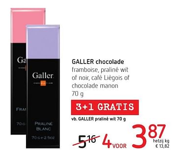 Promoties Galler chocolade framboise, praliné wit of noir, café liègois of chocolade manon - Galler - Geldig van 06/10/2016 tot 19/10/2016 bij Eurospar (Colruytgroup)