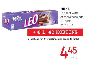 Promoties Milka leo met witteof melkchocolade - Milka - Geldig van 06/10/2016 tot 19/10/2016 bij Spar (Colruytgroup)