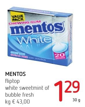 Promotions Mentos fliptop white sweetmint of bubble fresh - Mentos - Valide de 06/10/2016 à 19/10/2016 chez Spar (Colruytgroup)