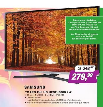 Promoties Samsung tv led full hd ue32j5000 - a+ - Samsung - Geldig van 01/10/2016 tot 31/10/2016 bij ElectronicPartner