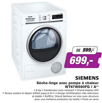 Promotions Siemens sèche-linge avec pompe à chaleur wt47w560fg - a++ - Siemens - Valide de 01/10/2016 à 31/10/2016 chez ElectronicPartner