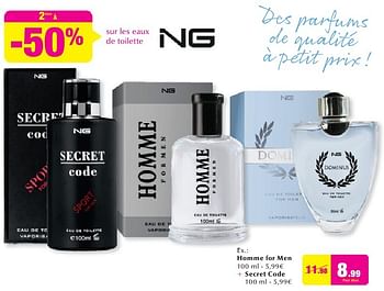 Promotions Homme for men + secret code - NG Perfumes - Valide de 28/09/2016 à 25/10/2016 chez DI