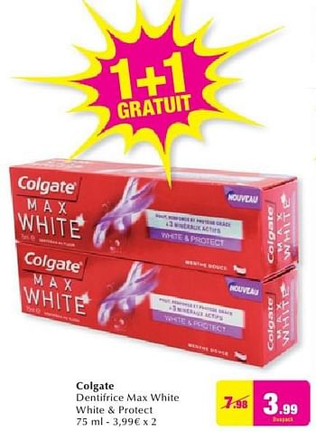 Promoties Colgate dentifrice max white white + protect - Colgate - Geldig van 28/09/2016 tot 25/10/2016 bij DI