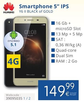 Promoties Huawei smartphone ips y6 ii black of gold - Huawei - Geldig van 01/10/2016 tot 31/10/2016 bij Eldi