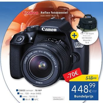 Promoties Canon reflex fototoestel eos1300d 18-55 is - Canon - Geldig van 01/10/2016 tot 31/10/2016 bij Eldi