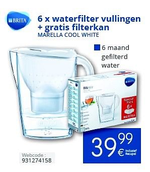 Promotions Brita 6 x waterfilter vullingen + gratis filterkan marella cool white - Brita - Valide de 01/10/2016 à 31/10/2016 chez Eldi