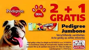 Promotions 2 + 1 gratis pedigree jumbone - Pedigree - Valide de 05/10/2016 à 31/10/2016 chez Maxi Zoo