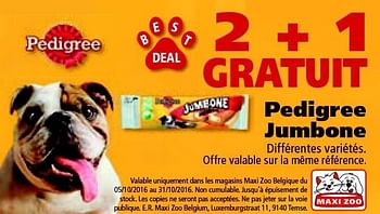 Promoties 2 + 1 gratuit pedigree jumbone - Pedigree - Geldig van 05/10/2016 tot 31/10/2016 bij Maxi Zoo