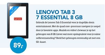 Promotions Lenovo tab 3 7 essential 8 gb - Lenovo - Valide de 01/10/2016 à 31/10/2016 chez Coolblue