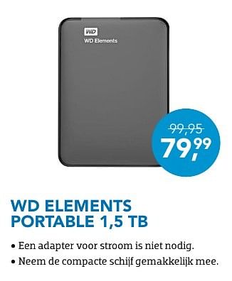 Promoties Wd elements portable 1,5 tb - Western Digital - Geldig van 01/10/2016 tot 31/10/2016 bij Coolblue