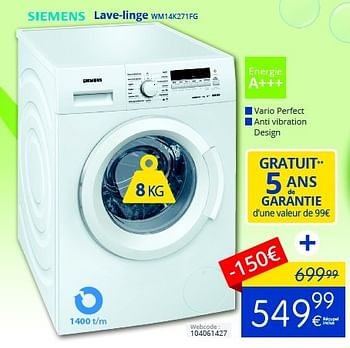 Promoties Siemens lave-linge wm14k271fg - Siemens - Geldig van 01/10/2016 tot 31/10/2016 bij Eldi