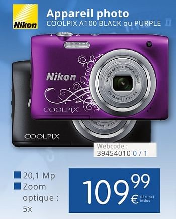 Promoties Nikon appareil photo coolpix a100 black ou purple - Nikon - Geldig van 01/10/2016 tot 31/10/2016 bij Eldi