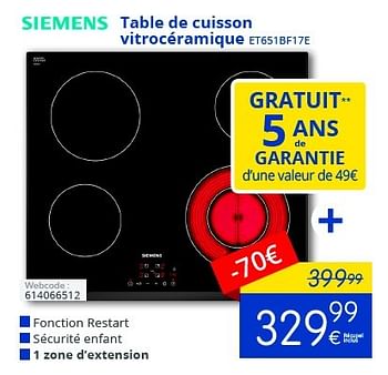 Promoties Siemens table de cuisson vitrocéramique et651bf17e - Siemens - Geldig van 01/10/2016 tot 31/10/2016 bij Eldi