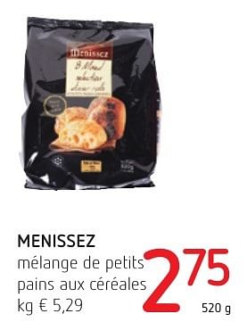 Promoties Menissez mélange de petits pains aux céréales - Menissez - Geldig van 06/10/2016 tot 19/10/2016 bij Eurospar (Colruytgroup)