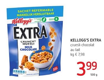 Promotions Kellogg`s extra cruesli chocolat au lait - Kellogg's - Valide de 06/10/2016 à 19/10/2016 chez Eurospar (Colruytgroup)