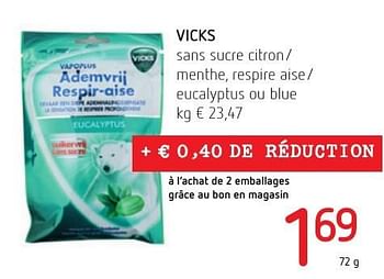 Promotions Vicks sans sucre citron- menthe, respire aise- eucalyptus ou blue - Vicks - Valide de 06/10/2016 à 19/10/2016 chez Eurospar (Colruytgroup)
