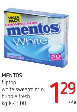 Promoties Mentos fliptop white sweetmint ou bubble fresh - Mentos - Geldig van 06/10/2016 tot 19/10/2016 bij Eurospar (Colruytgroup)