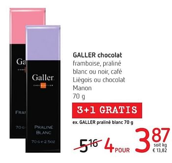 Promotions Galler chocolat framboise, praliné blanc ou noir, café liègois ou chocolat manon - Galler - Valide de 06/10/2016 à 19/10/2016 chez Spar (Colruytgroup)