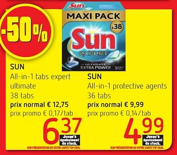 Promotions Sun all-in-1 tabs expert ultimate - Sun - Valide de 06/10/2016 à 19/10/2016 chez Eurospar (Colruytgroup)