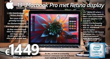 Promoties Apple 13`` macbook pro met retina display - Apple - Geldig van 01/10/2016 tot 16/11/2016 bij Compudeals